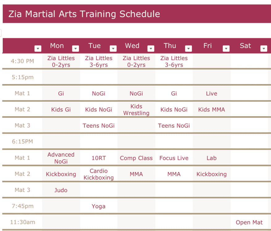 Schedule - Zia Martial Arts